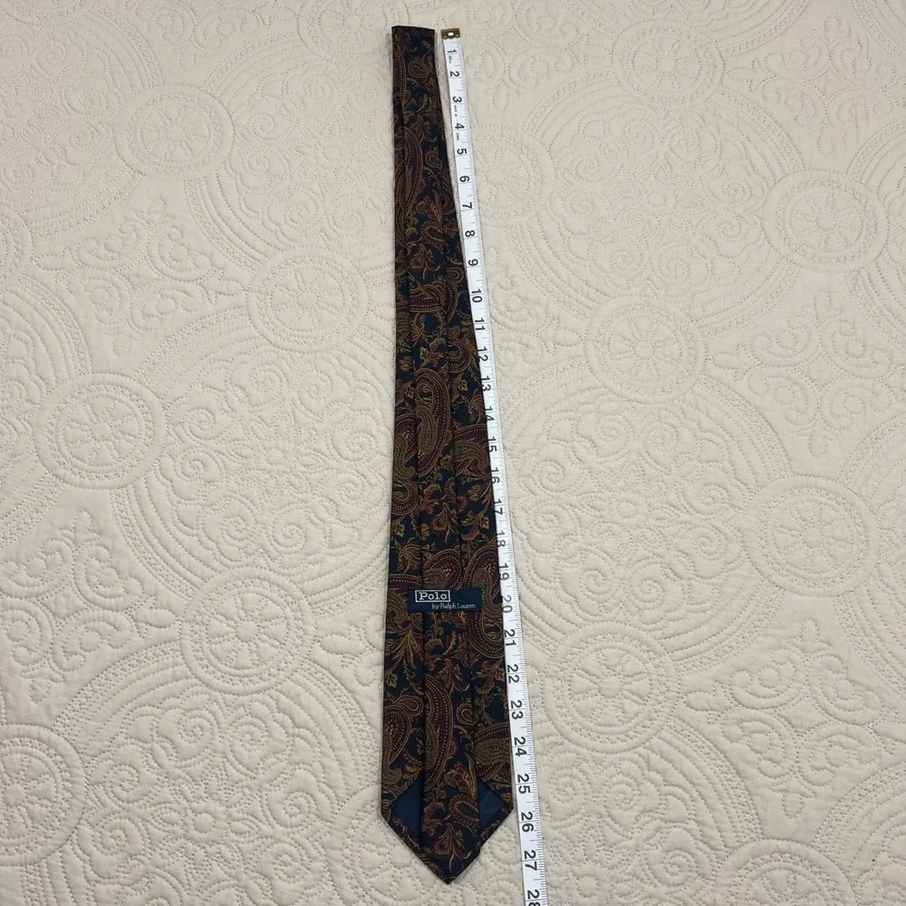 Polo Ralph Lauren Mens Silk Paisley Tie Navy Blue Red Gold Made in USA Hand Made